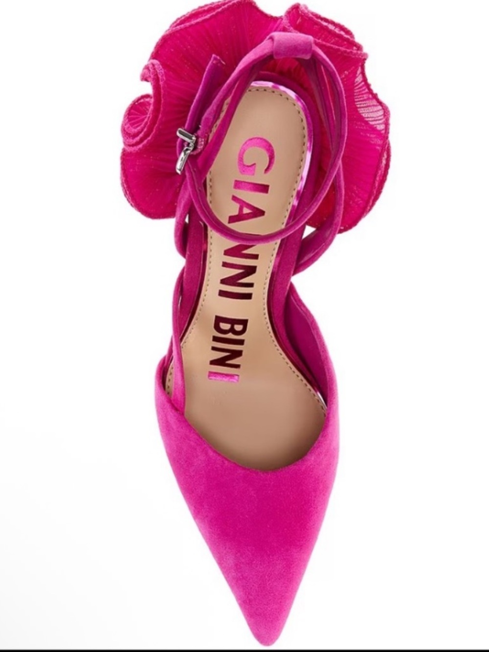 Gianni Bini Pink Suede Pointed Ankle-Strap Pump with Ruffle Pearl Heel $159 - Picture 6 of 7